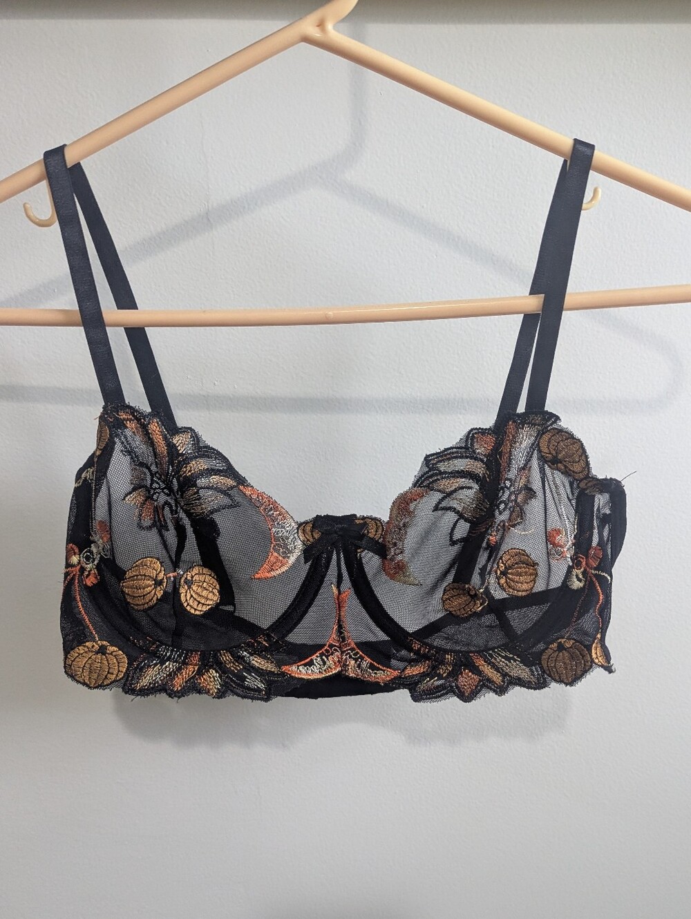 Sheer Black Embroidered Balconette Bra - Black/Gold